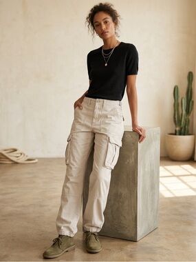 BERSHKA Women's Beige Utility Cargo Pants Y2K Jogger Cuff Multi-Pocket L Fair